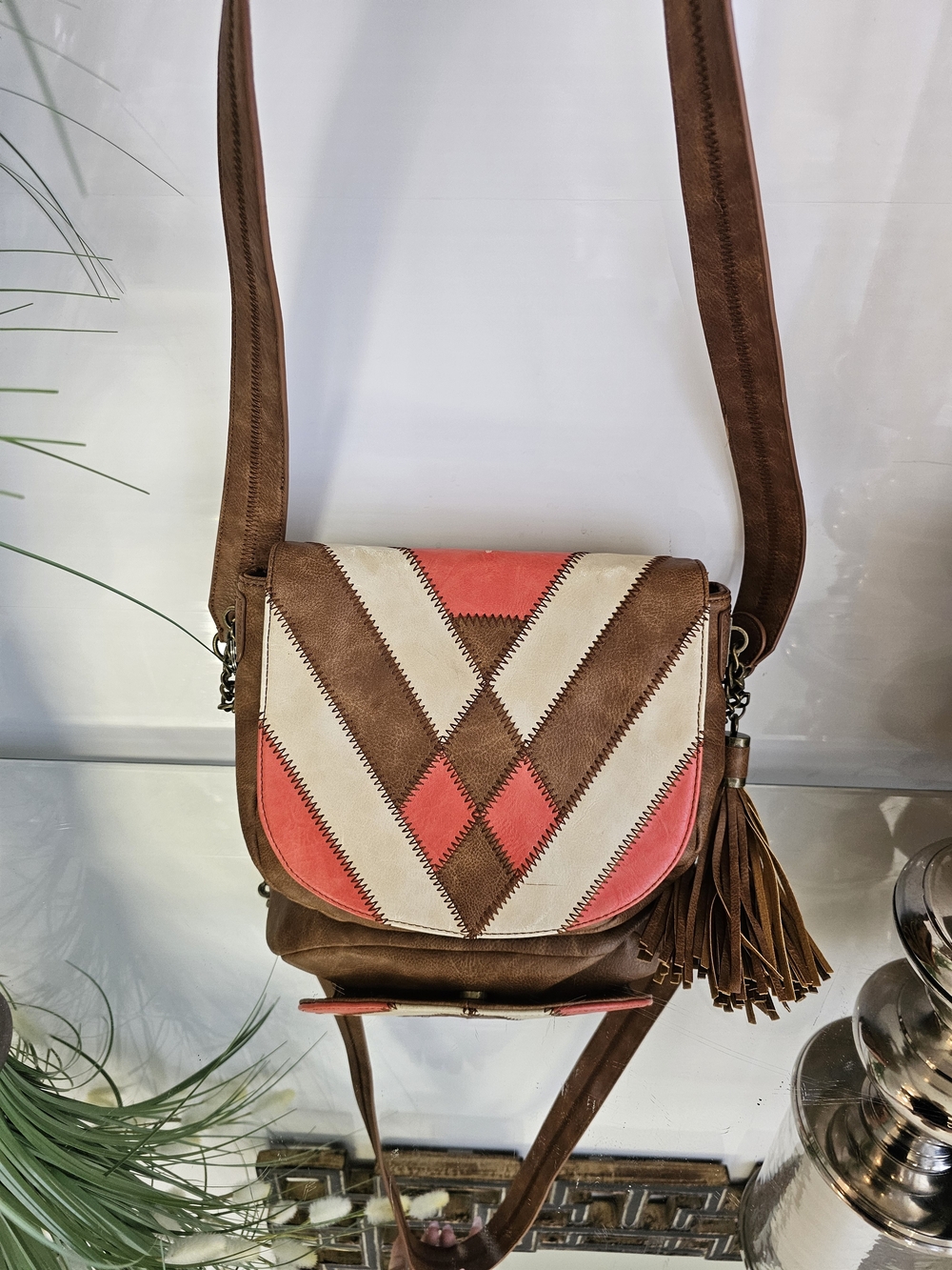 Steve Madden Chevron Patchwork Crossbody - Brown, Cream & Coral